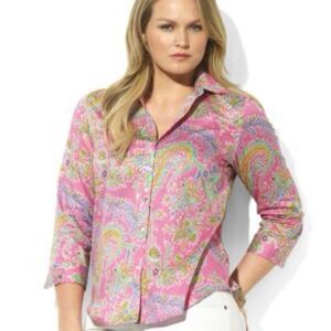 Ralph Lauren Pink and Green 3/4 Sleeve Button Down Shirt